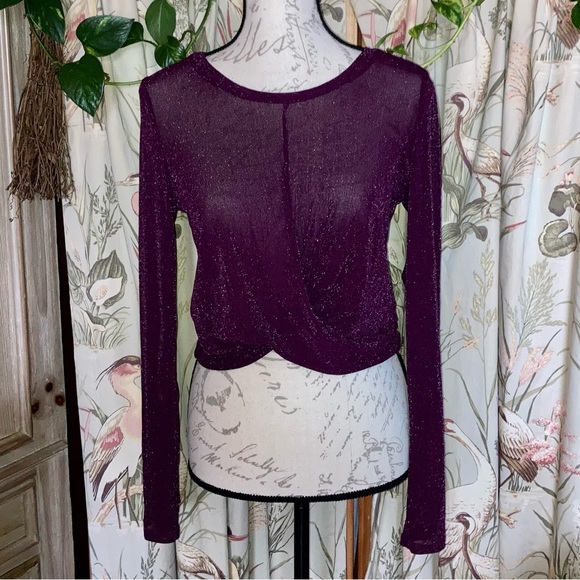 Semi Sheer Sparkle Knot Front Long Sleeve Top Burgundy Party Holiday Night Out - Picture 3 of 8